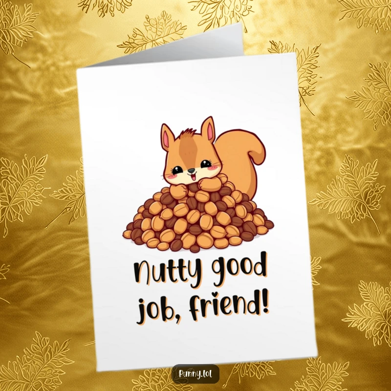 Funny Free Printable Congratulations Card: Happy squirrel hoarding a huge pile of nuts, celebrating success.