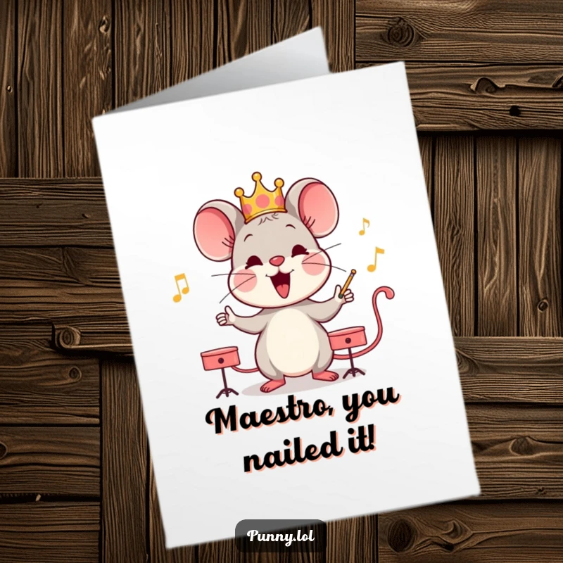 Funny Free Printable Congratulations Card: Happy mouse in a crown leads an imaginary orchestra with triumphant flair.