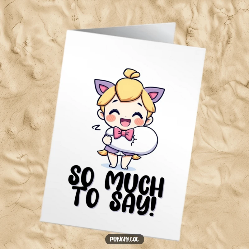 Funny Free Printable congratulations card with a delighted, bowtie-wearing character holding a huge speech bubble, announcing good news.