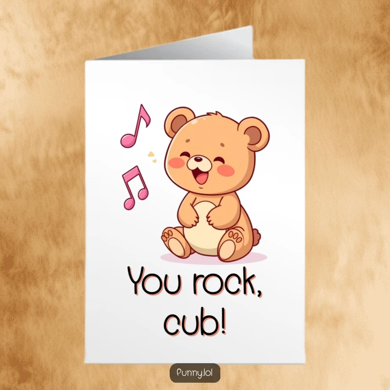 Funny Free Printable Congratulations Card of a delighted bear cub dancing with a floating musical note, celebrating their win.
