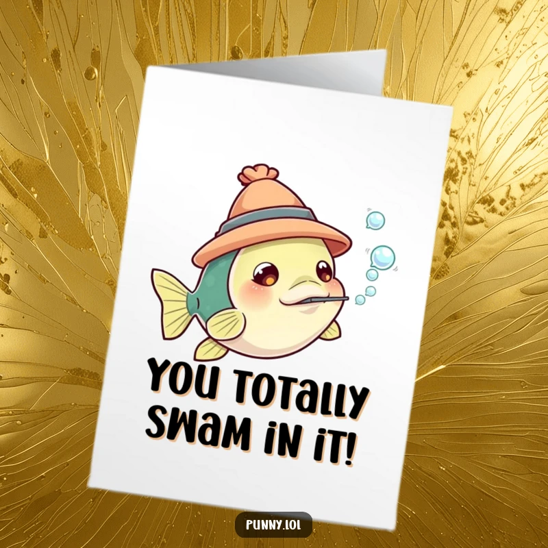 Funny Free Printable Congratulations Card: Fish in a hat blowing bubbles, celebrating your success.