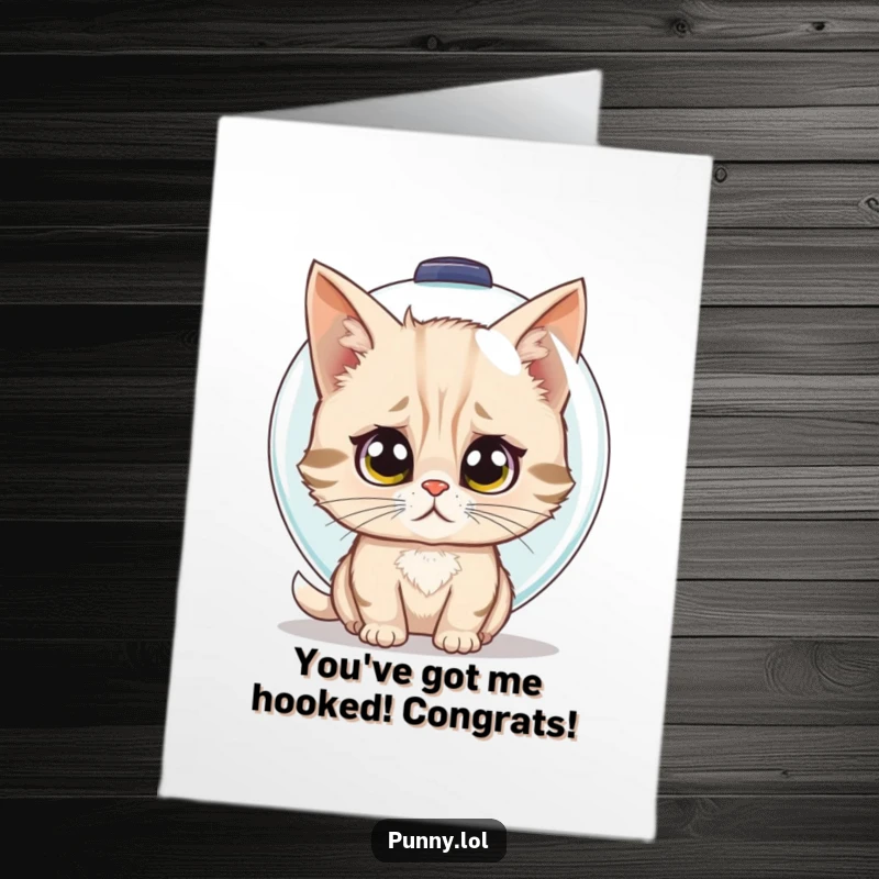 Funny free printable congratulations card of a bewildered cat trying to put a fishbowl on its head.