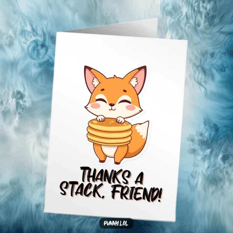 Funny Free Printable Thank You Card: A mischievous fox winks while balancing a towering stack of delicious pancakes.