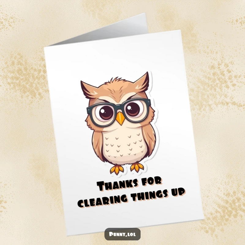 Funny Free Printable Thank You Card: Owl with glasses on beak, expressing gratitude humorously.
