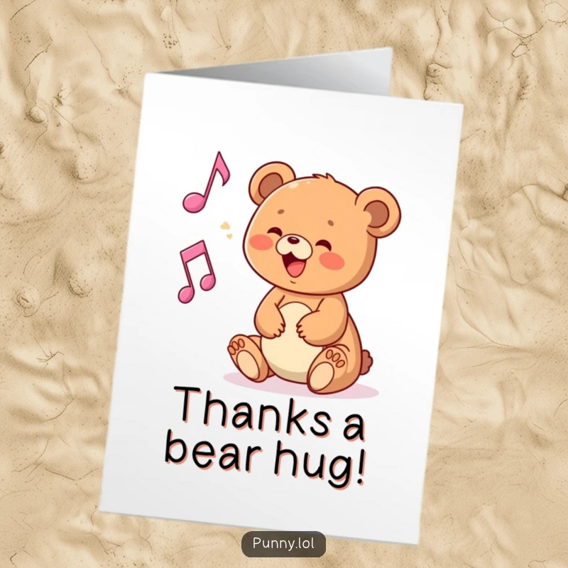Funny Free Printable Thank You Card showing a happy bear cub interacting with a musical note, conveying thanks musically.
