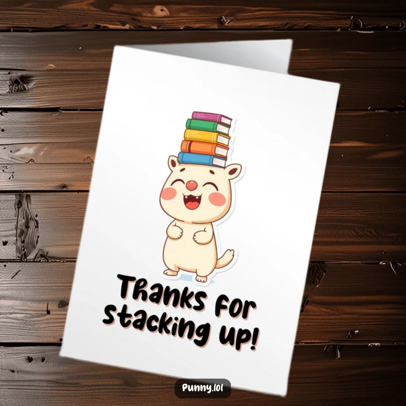 Funny Free Printable Thank You Card: Joyful creature balancing a huge stack of books on its nose, looking thankful.