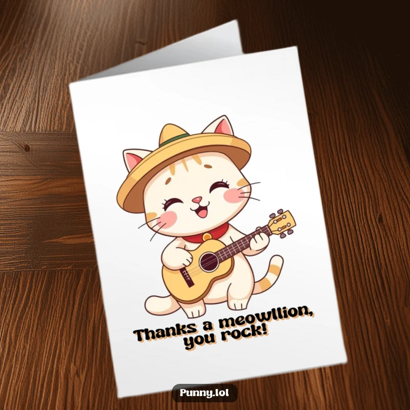 Funny Free Printable Thank You Card: Cat in sombrero plays guitar, a cheerful and humorous way to say thanks.
