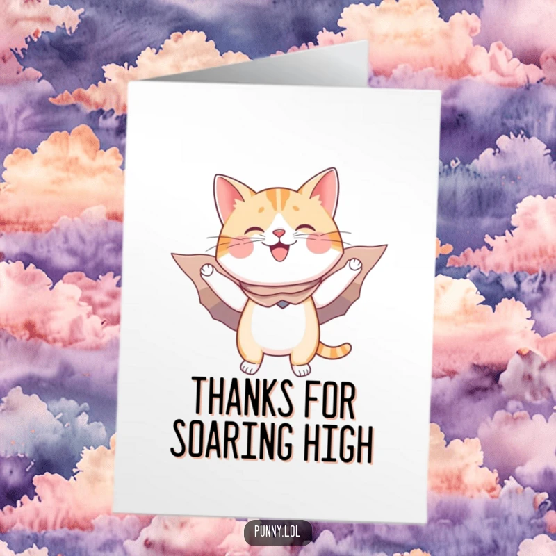 Funny Free Printable Thank You Card: A happy cat in a cape with cardboard wings pretends to fly, expressing thanks heroically.