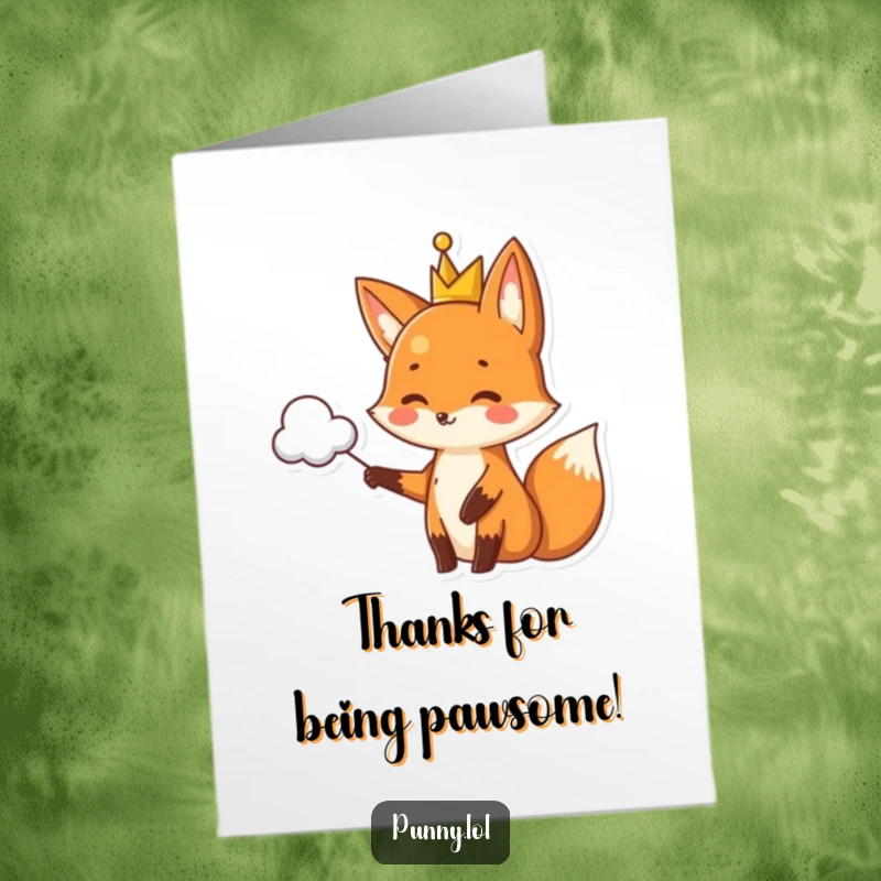 Funny Free Printable Thank You Card: A cheerful fox king points regally at a cloud shaped like a clever pun, a unique thank you.