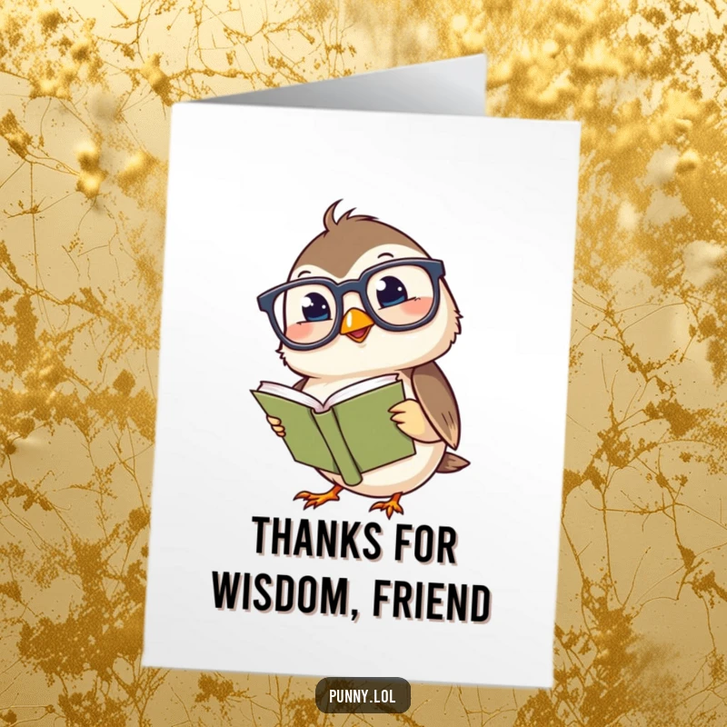 Funny Free Printable Thank You Card: Giggling chickadee wearing glasses reads a tiny book, a scholarly way to say thanks.