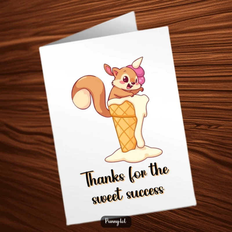 Funny Free Printable Thank You Card: A squirrel with determination climbs a gigantic, melting ice cream cone.