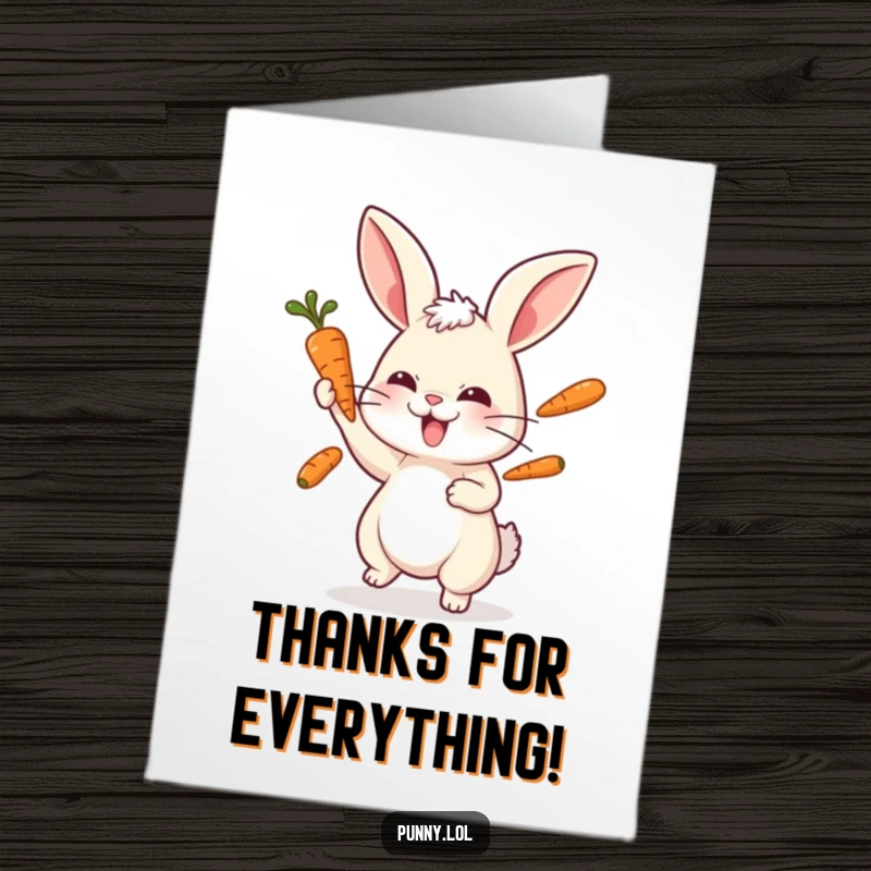 Funny Free Printable Thank You Card: A happy rabbit concentrates deeply while juggling three carrots with impressive agility.