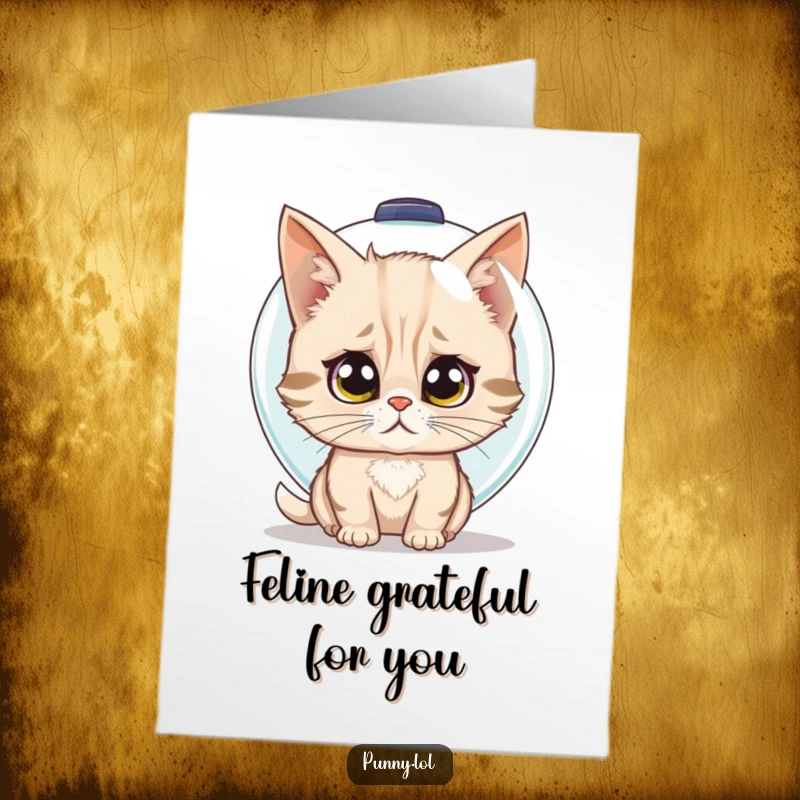 Funny free printable thank you card showing a cat looking confused while trying to wear a fishbowl as a helmet.