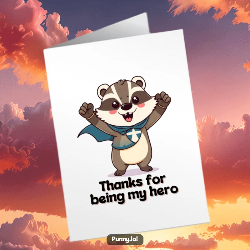 Funny Free Printable Thank You Card: A superhero badger strikes a heroic pose, ready to deliver a powerful thank you.