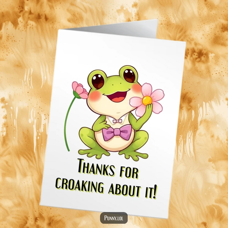 Funny Free Printable Thank You Card: A cheerful frog in a bowtie singing sweetly into a flower.