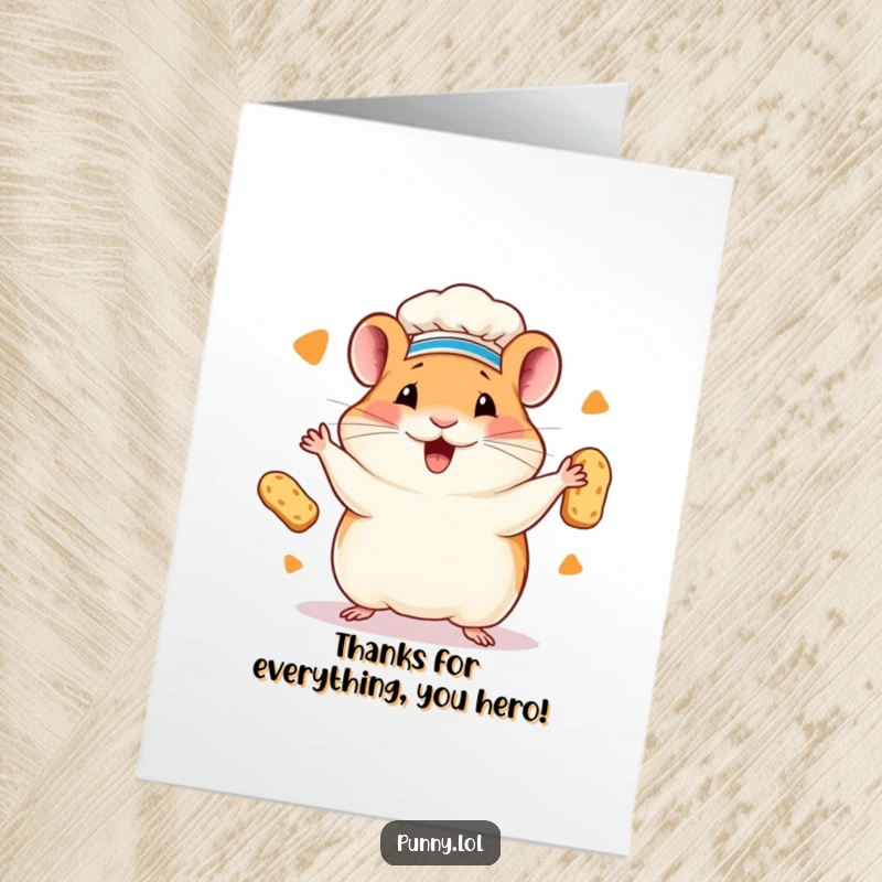 Funny free printable thank you card: A happy, chef-hatted hamster expertly juggling tiny bread loaves.