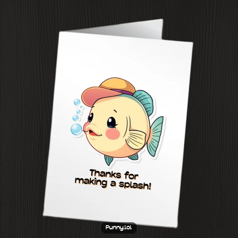 Funny Free Printable Thank You Card with a curious fish wearing a small hat, blowing thank you bubbles, a cute DIY gift.