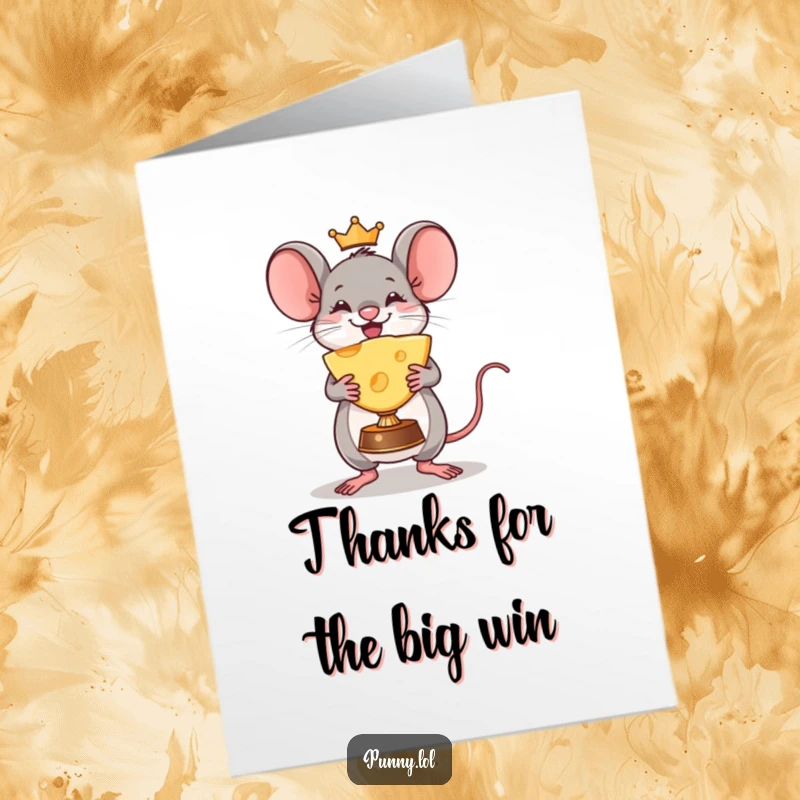 Funny Free Printable Thank You Card: A mouse stands proudly, holding a gigantic wedge of cheese aloft like a champion's trophy.