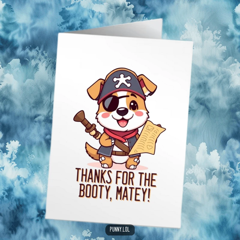 Funny Free Printable Thank You Card with a pirate dog character holding a treasure map, ready to deliver thanks.