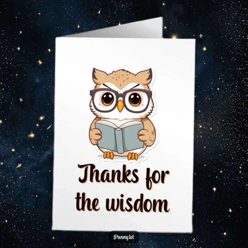Funny Free Printable Thank You Card: A bespectacled owl reads a tiny book, looking very surprised by its contents.