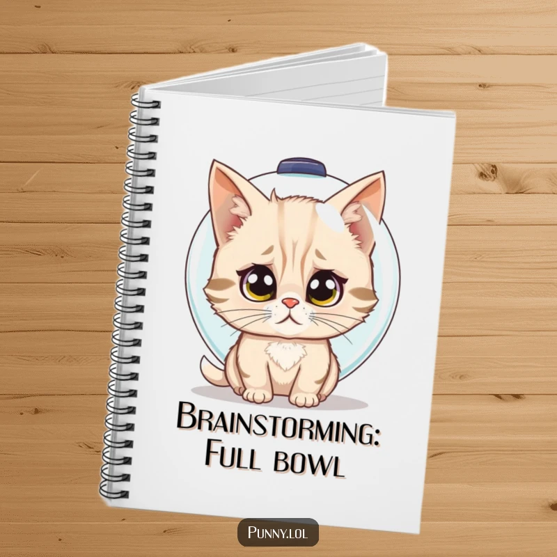 Funny notebook depicting a confused cat wearing a fishbowl as a helmet, great for jotting down ideas.