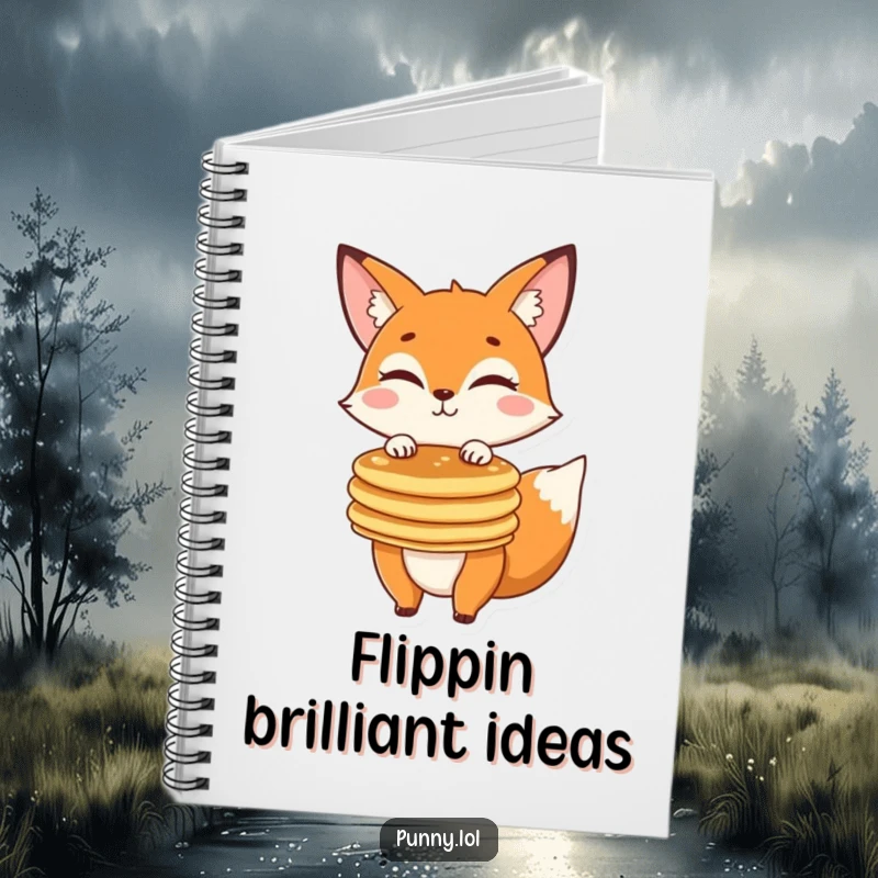 Funny fox winking, balancing a stack of pancakes on a notepad, perfect for capturing funny thoughts and ideas.