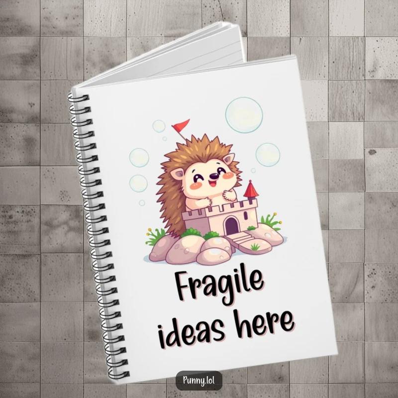 Funny notebook cover with a happy hedgehog constructing a castle from floating bubbles, ideal for creative writing and sketching.