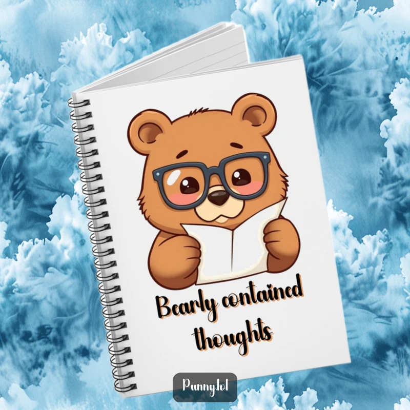 Funny notebook depicting a bear in large glasses, meticulously examining a tiny paper, ideal for note-taking and study.