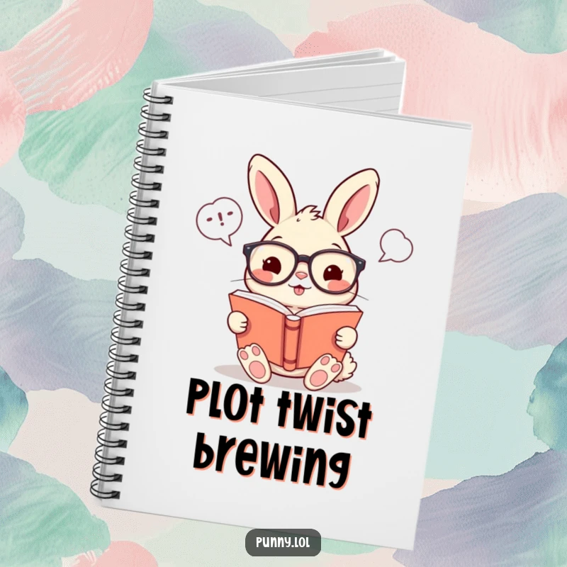 Funny notebook with a cheerful rabbit wearing glasses, reading a book with humorous word bubbles, for jotting down thoughts.