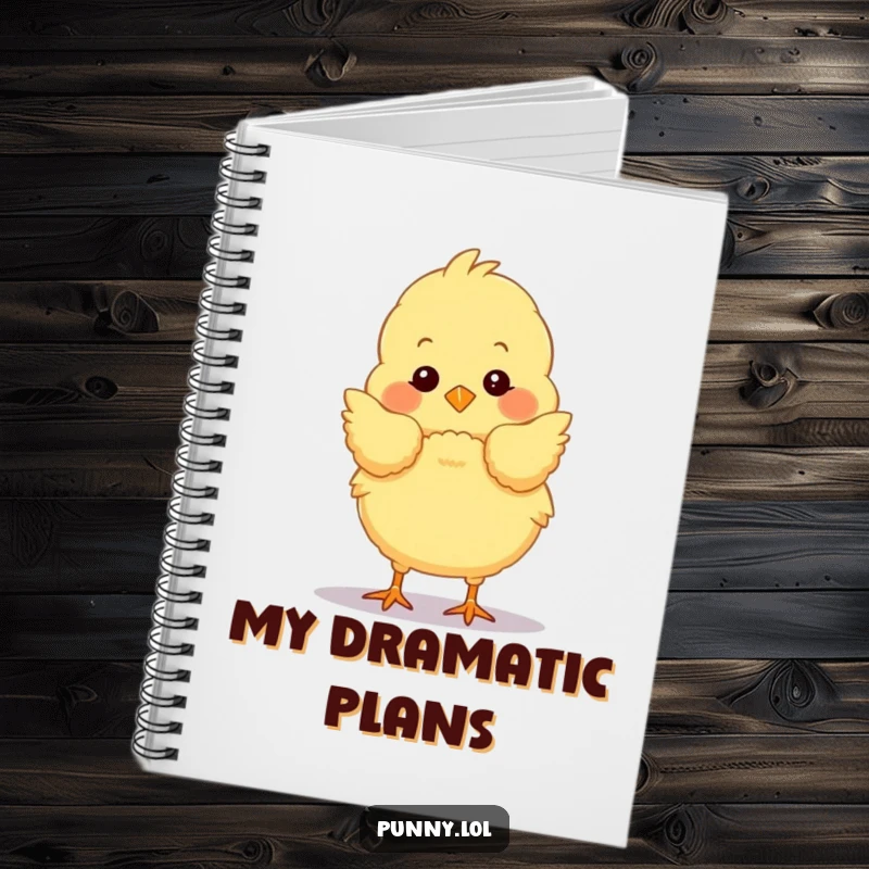 Funny chick notebook with a fluffy bird performing a dramatic stage bow, ideal for jotting down creative and theatrical ideas.