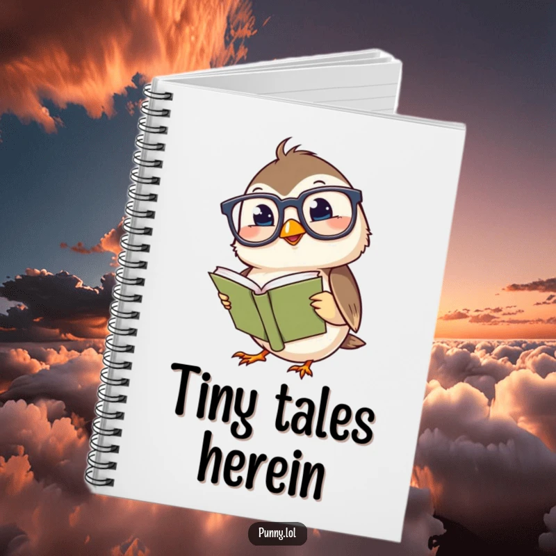 Funny notebook cover with a giggling chickadee wearing large glasses, reading a little book, great for note-taking and journaling.