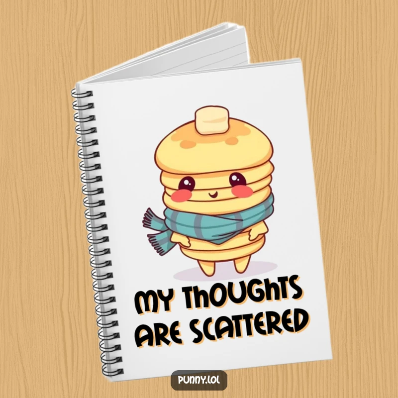 Funny notebook with a cover featuring a dizzy stack of pancakes in a scarf, looking bewildered, great for journaling or school notes.