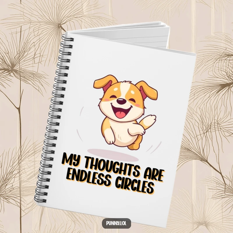 Funny Dog Notebook with a happy, dizzy dog chasing its tail in an overjoyed circle, great for note-taking and a funny gift.