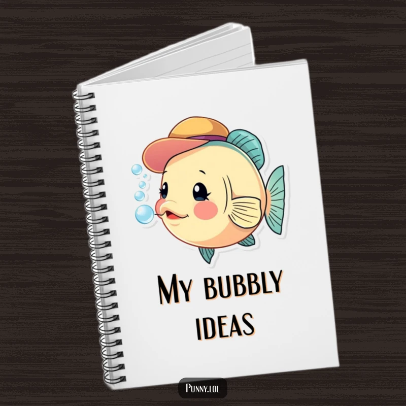 Funny fish notebook with a tiny hat, mid-bubble-blowing act, ideal for jotting down funny thoughts and creative ideas.