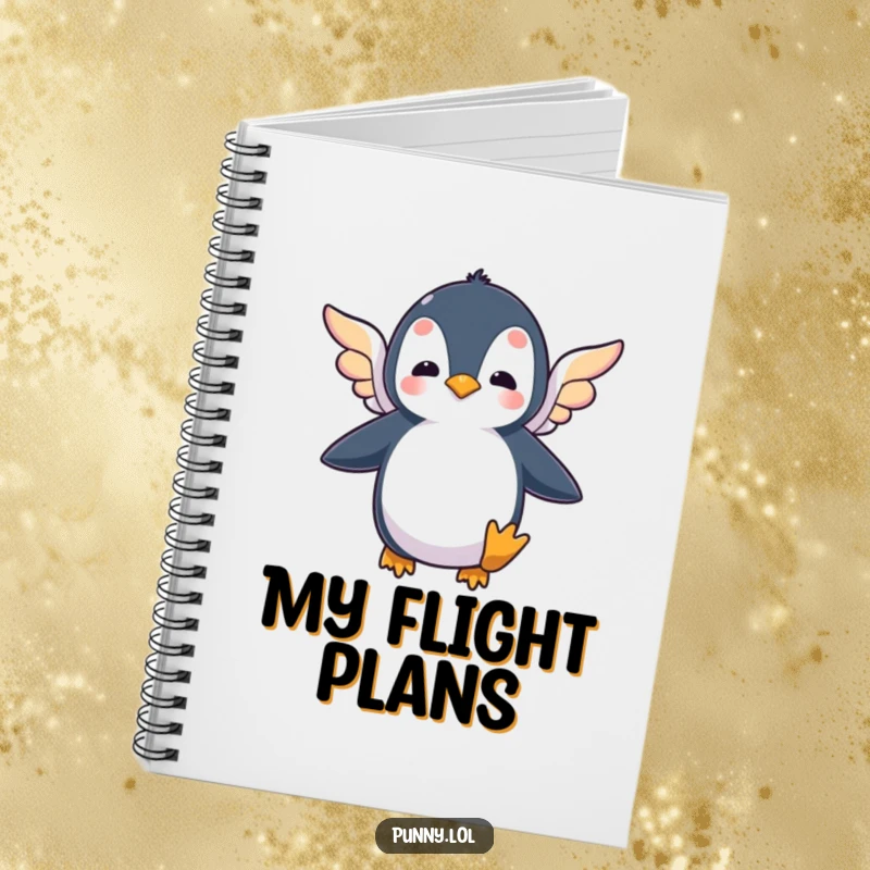 Funny notebook cover with a silly penguin flapping tiny, colorful wings, perfect for jotting down flight plans and big ideas.