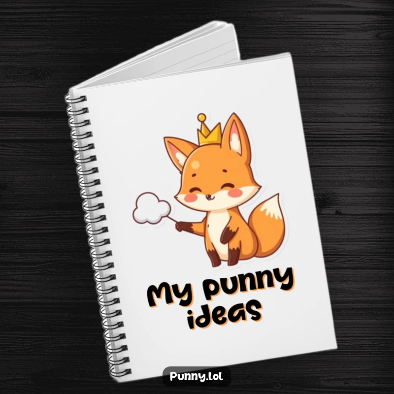 Funny fox notebook wearing a crown, pointing to a pun-shaped cloud, a humorous stationery item for writing.