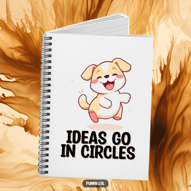 Funny dog notebook cover showing a happy puppy comically spinning in pursuit of its own wagging tail, ready for notes.
