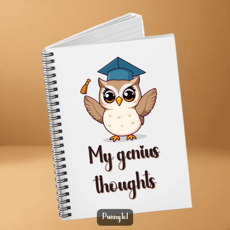 Funny notebook cover with a proud owl in a graduation cap, tossing its tassel, perfect for jotting down future plans and achievements.