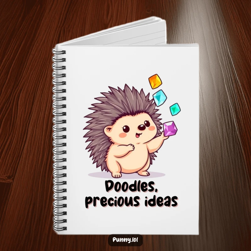 Funny notebook featuring a playful hedgehog juggling sparkling gems with its quills, perfect for jotting down creative ideas.