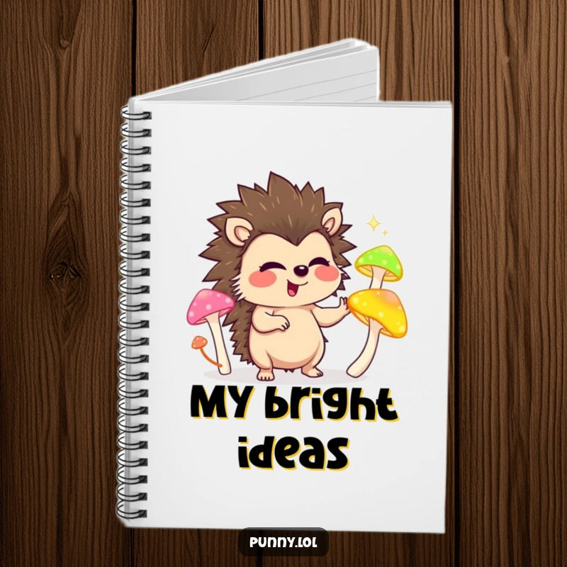 Funny notebook with a giggling hedgehog character juggling colorful glowing mushrooms, perfect for jotting down funny ideas.