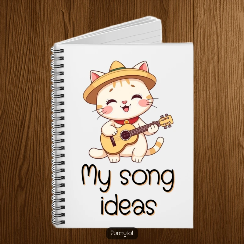 Funny notebook with a smiling cat wearing a tiny sombrero and playing a miniature guitar, for notes and ideas.