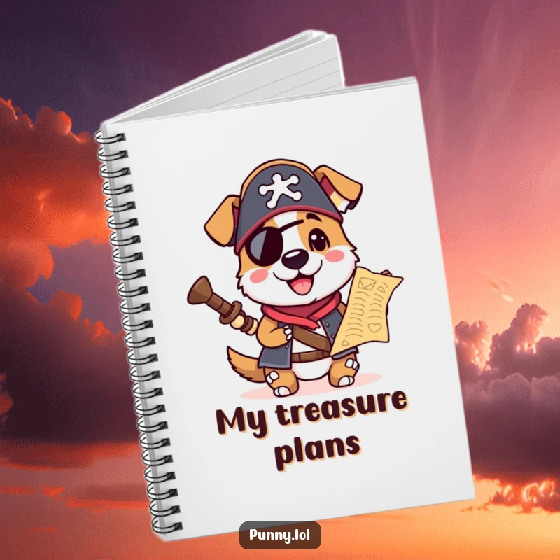 Funny notebook cover with a pirate dog in a hat, holding a treasure map, perfect for jotting down ideas and adventure plans.