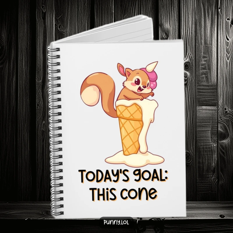 Funny Squirrel Notebook with a determined squirrel trying to climb a giant, melting ice cream cone, great for notes and a funny gift.