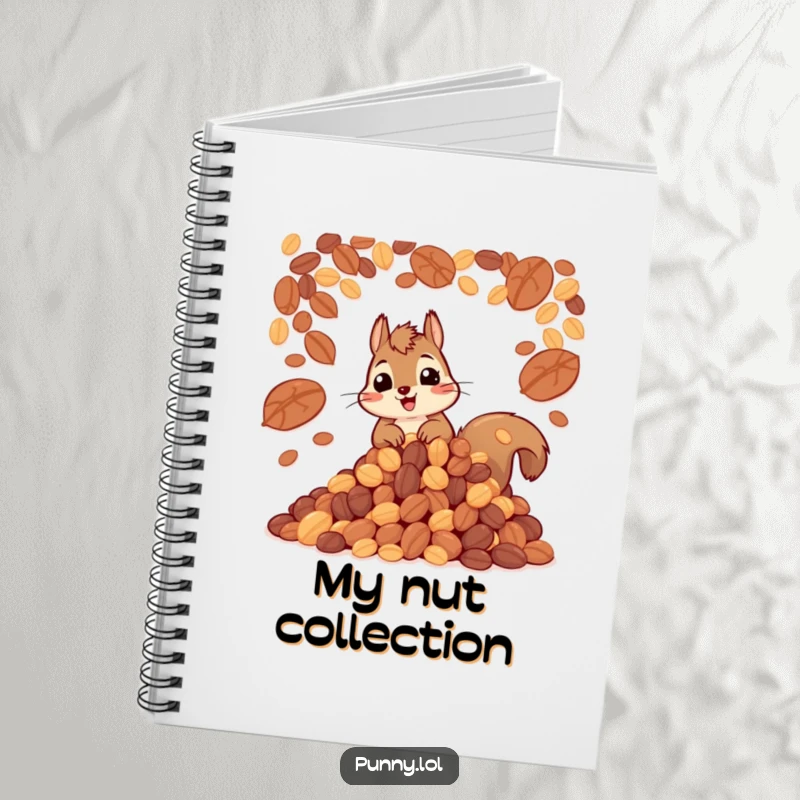 Funny notebook cover featuring a happy squirrel hoarding a massive pile of nuts, ideal for journaling and creative notes.