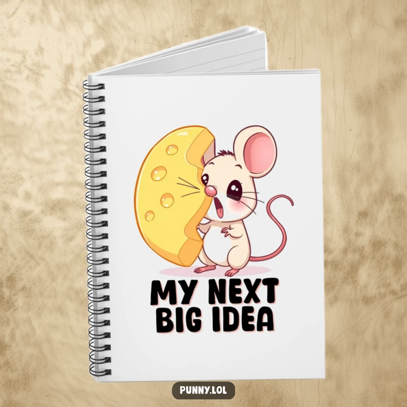 Funny mouse notebook cover showing a surprised rodent balancing a giant cheese wheel on its nose, ready for jotting notes.