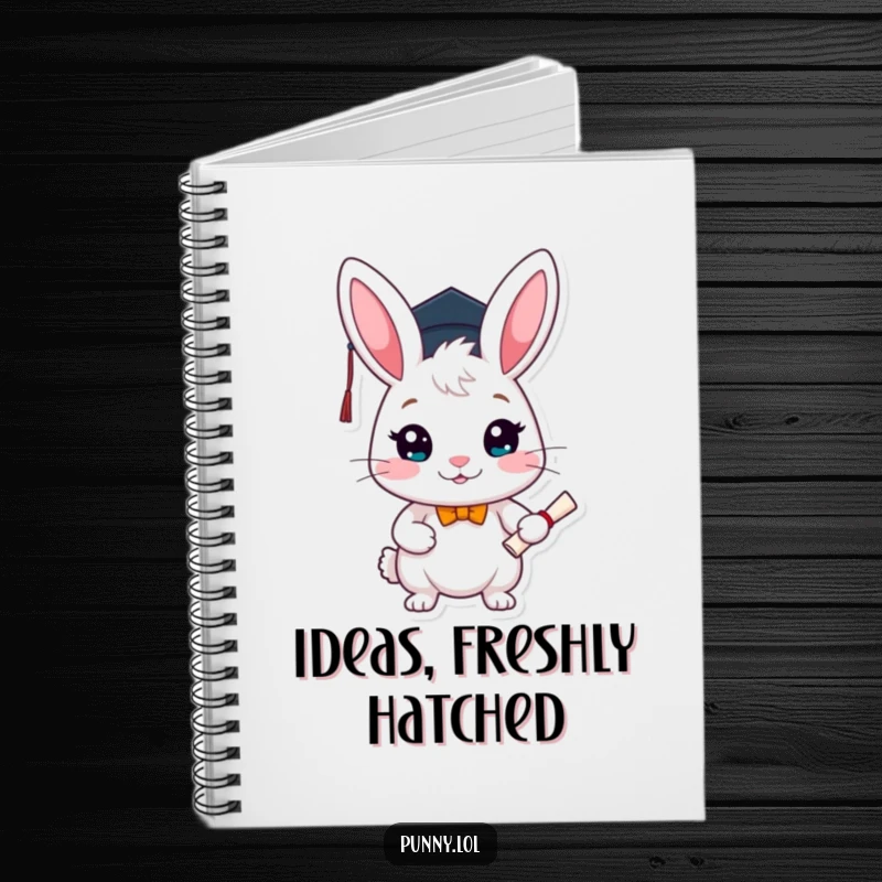 Funny graduation notebook with a cheerful rabbit wearing a graduation cap and holding a diploma, perfect for note-taking.