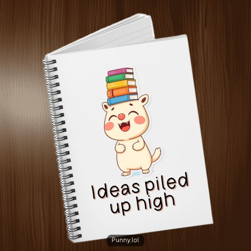 Funny notebook featuring a joyful creature balancing a stack of books on its nose, perfect for notes and doodles.