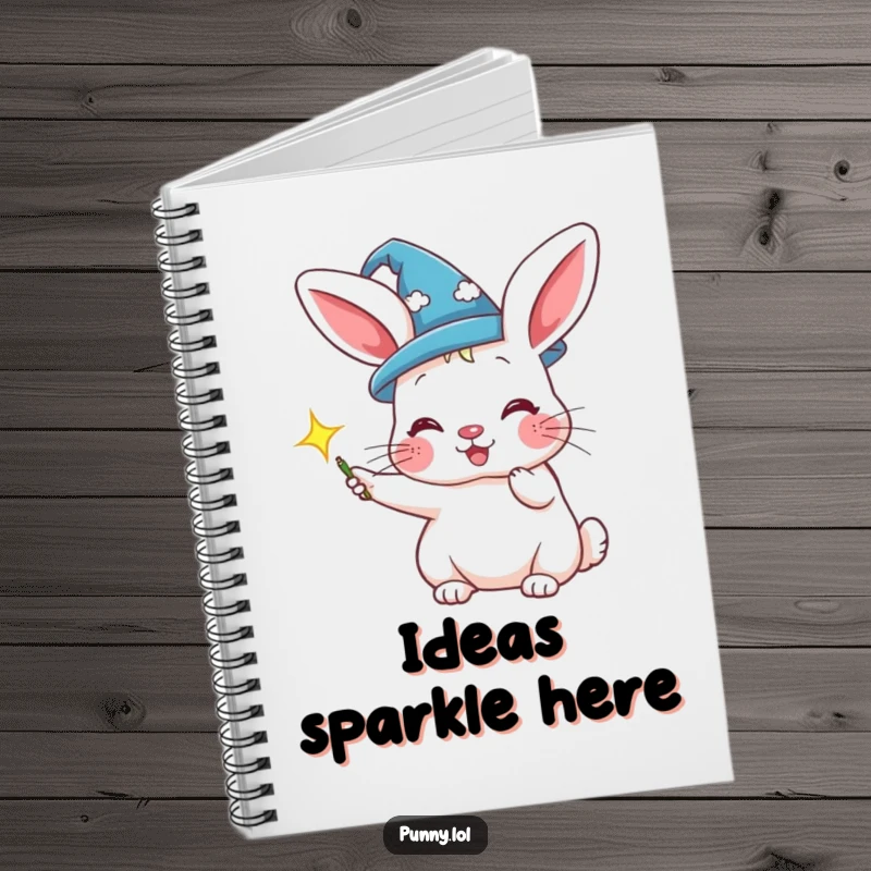 Funny notebook with a rabbit wizard conjuring a sparkle, for writing magical thoughts.