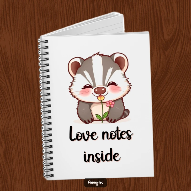 Funny notebook cover with a grinning badger blowing a kiss that transforms into a flower, ideal for love notes and journaling.