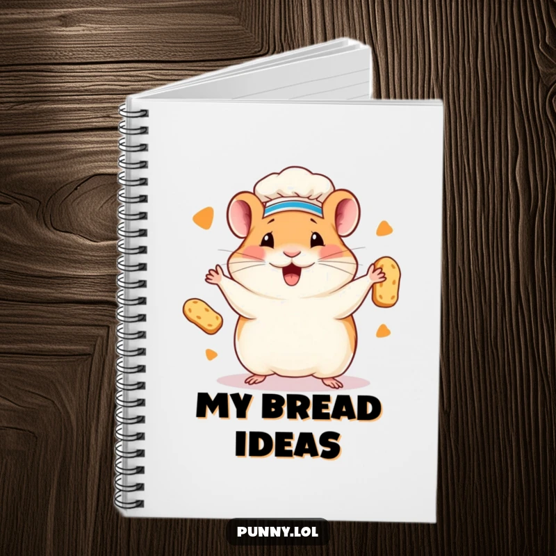 Funny hamster chef notebook with a hamster in a chef hat juggling tiny bread loaves. For notes and ideas.